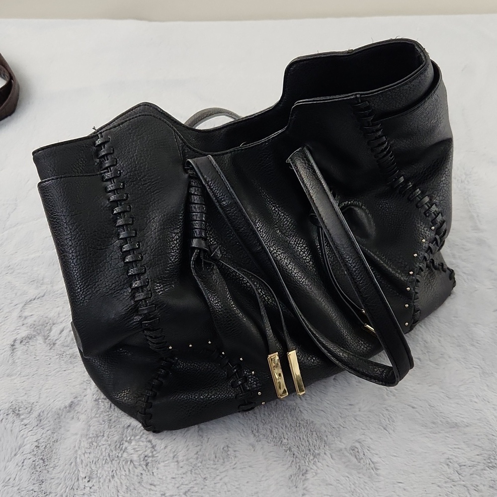 Black Faux Leather Whipstitch Tote Bag Oversized Shoulder Handbag Tassel - Picture 6 of 12